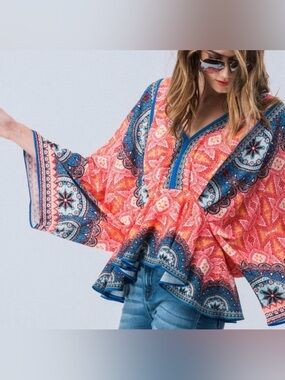 Flying Tomato Bohemian Coral and Blue V-Neck Bell Sleeve Top
